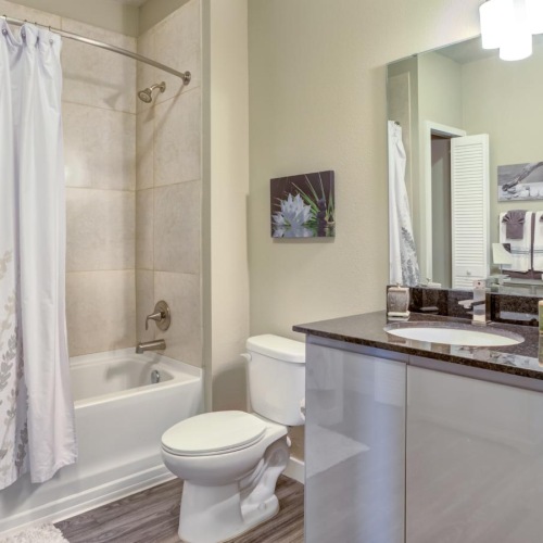 a bathroom with a marble countertop