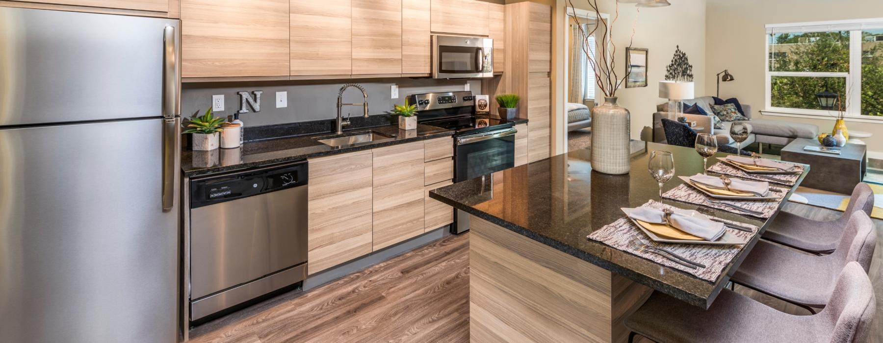 a kitchen with a dining table